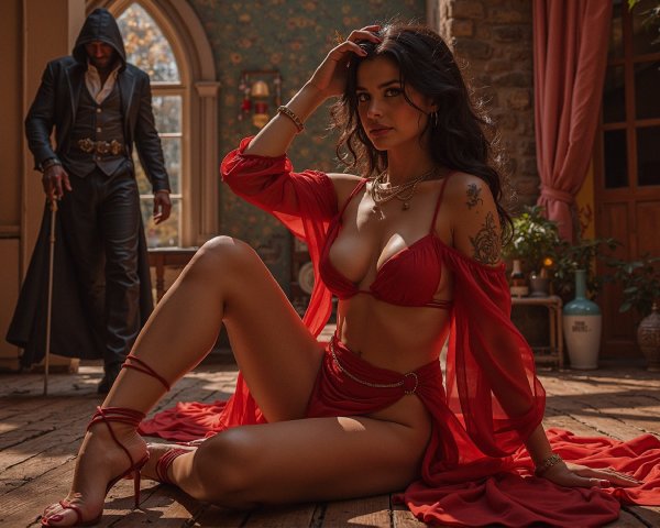 Woman in red attire poses on wooden floor with tattoos