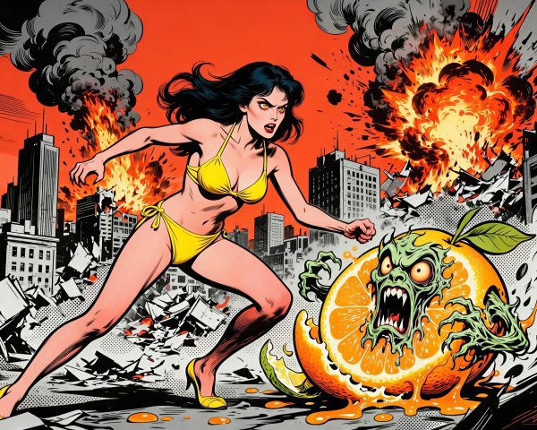 Comic Book Scene of Woman Confronting Orange Monster