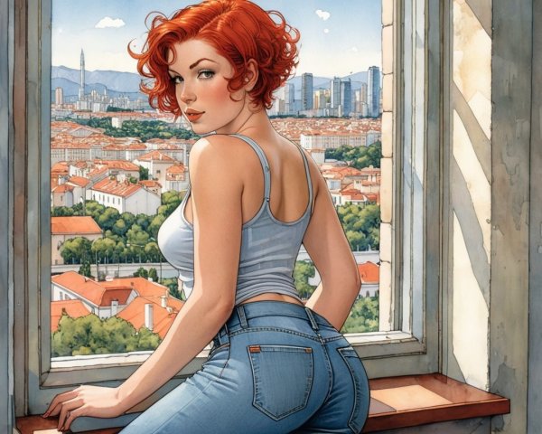 Stylish Woman with Red Hair Posing by City Window