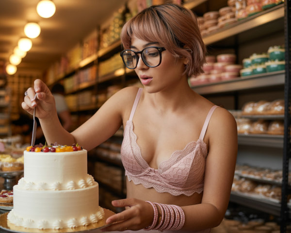 Young woman decorates cake in vibrant bakery setting