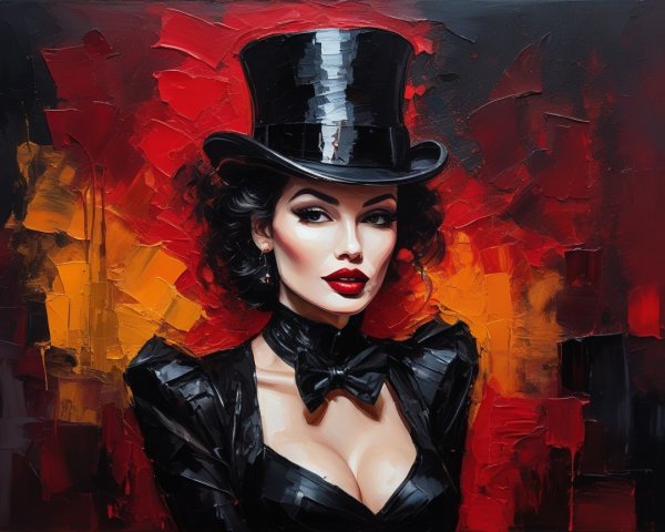 Vibrant Oil Painting of Woman in Top Hat and Black Outfit