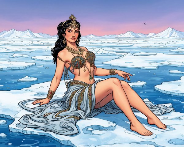 Indian superheroine in arctic setting with jewelry