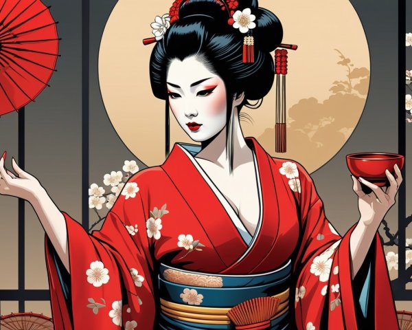 Graceful Figure in Red Kimono with Full Moon Backdrop