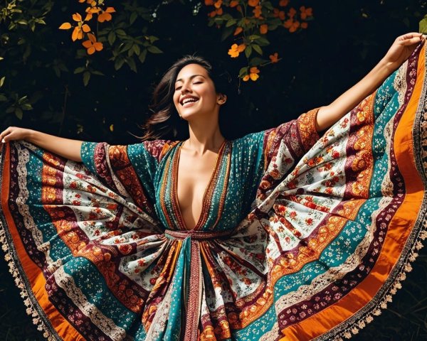 Joyful Woman in Vibrant Dress Surrounded by Nature