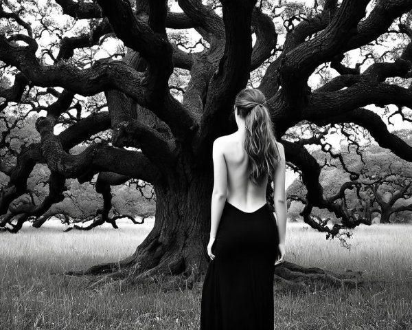 Elegant Woman in Backless Dress Among Gnarled Oaks