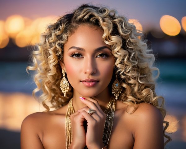 Elegant Individual with Cascading Curly Hair and Jewelry