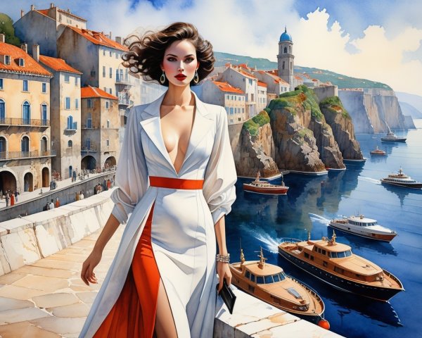 Glamorous Woman in White Dress by Coastal Promenade