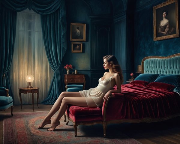 Elegant Bedroom with Blue Walls and Velvet Bed