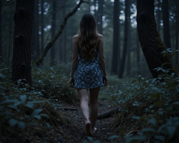 Woman in Floral Dress Walking Barefoot in Forest