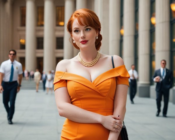 Confident Woman in Orange Dress with Pearl Necklace