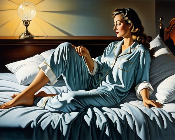 Woman in Softly Lit Bedroom with Elegant Pajamas
