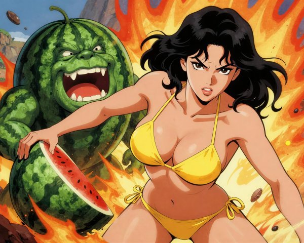 Anime Illustration of Woman vs. Monstrous Watermelon
