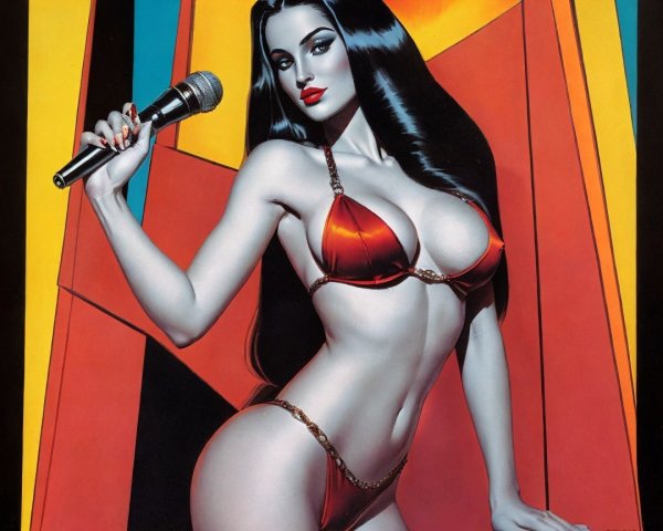 Glamorous Figure in Red Bikini with Geometric Background