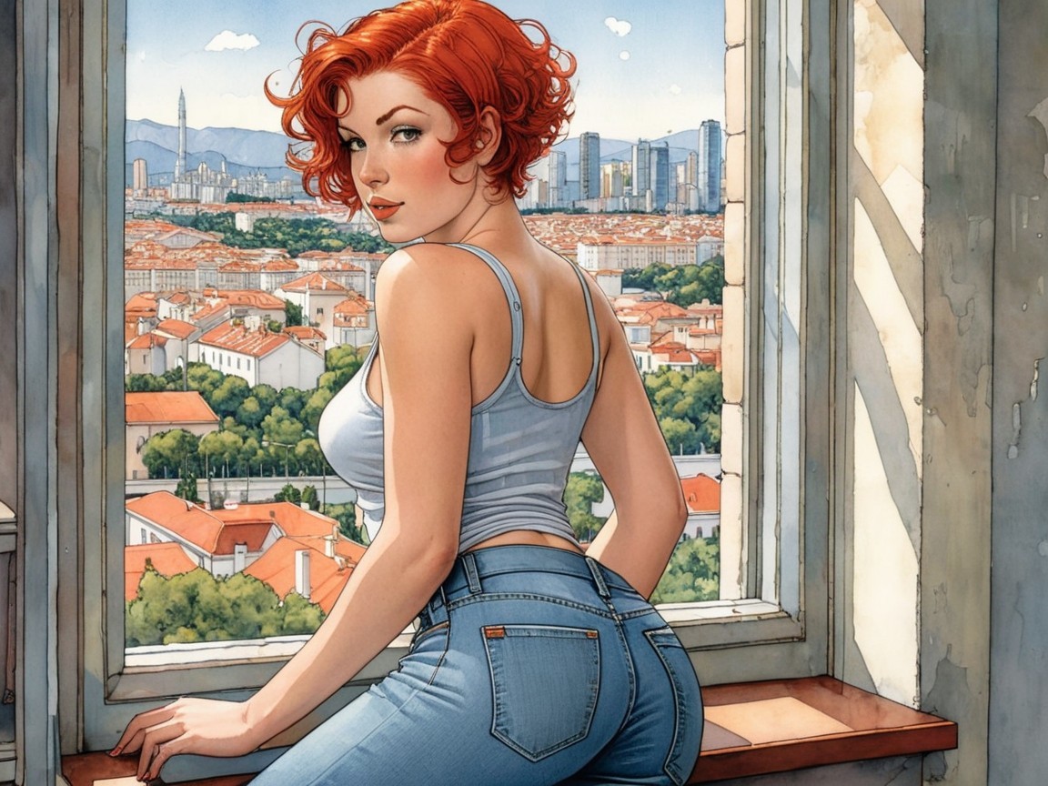 Stylish Woman with Red Hair Posing by City Window