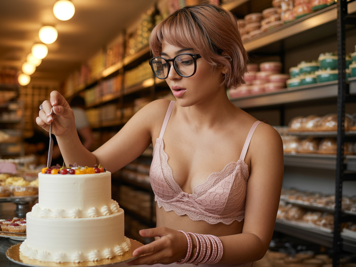Young woman decorates cake in vibrant bakery setting