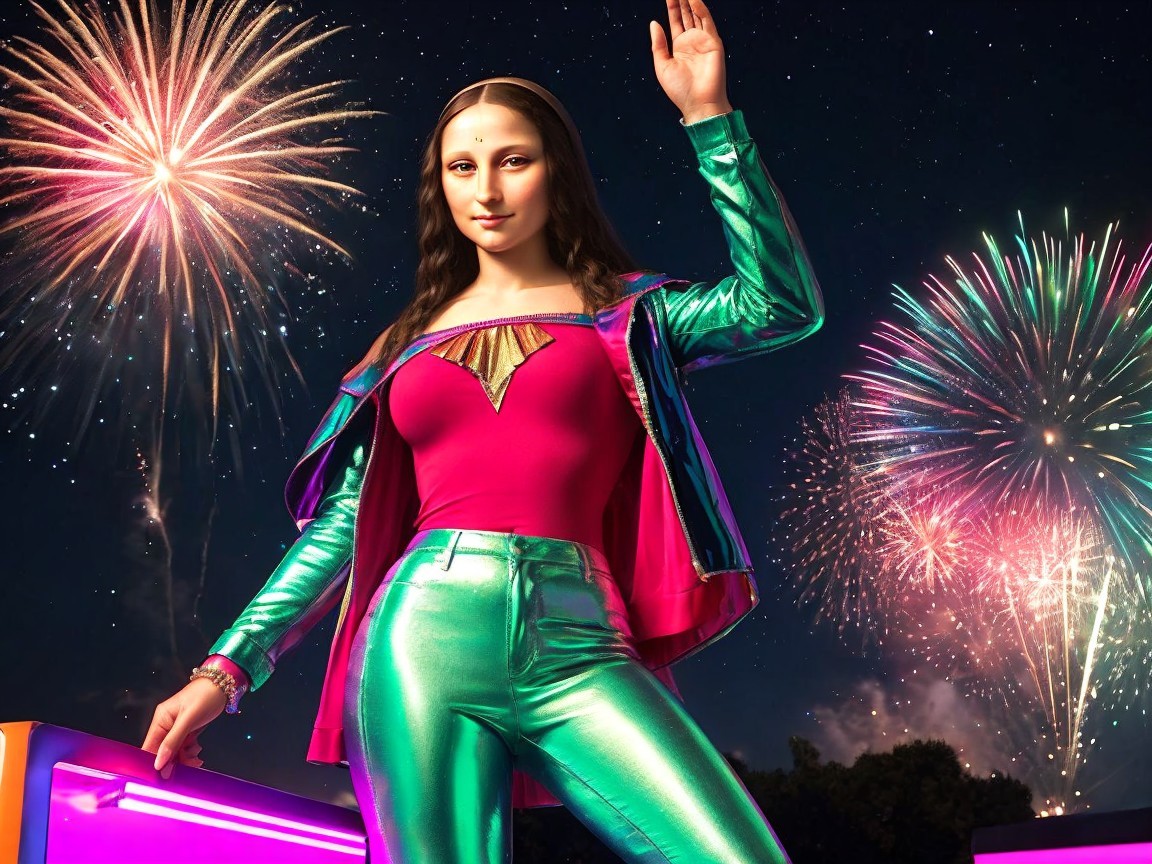 Stylish Figure Under Colorful Fireworks at Night