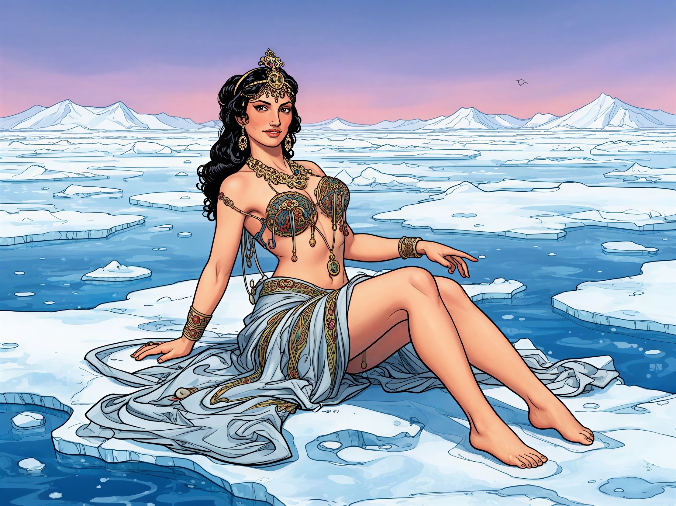 Indian superheroine in arctic setting with jewelry