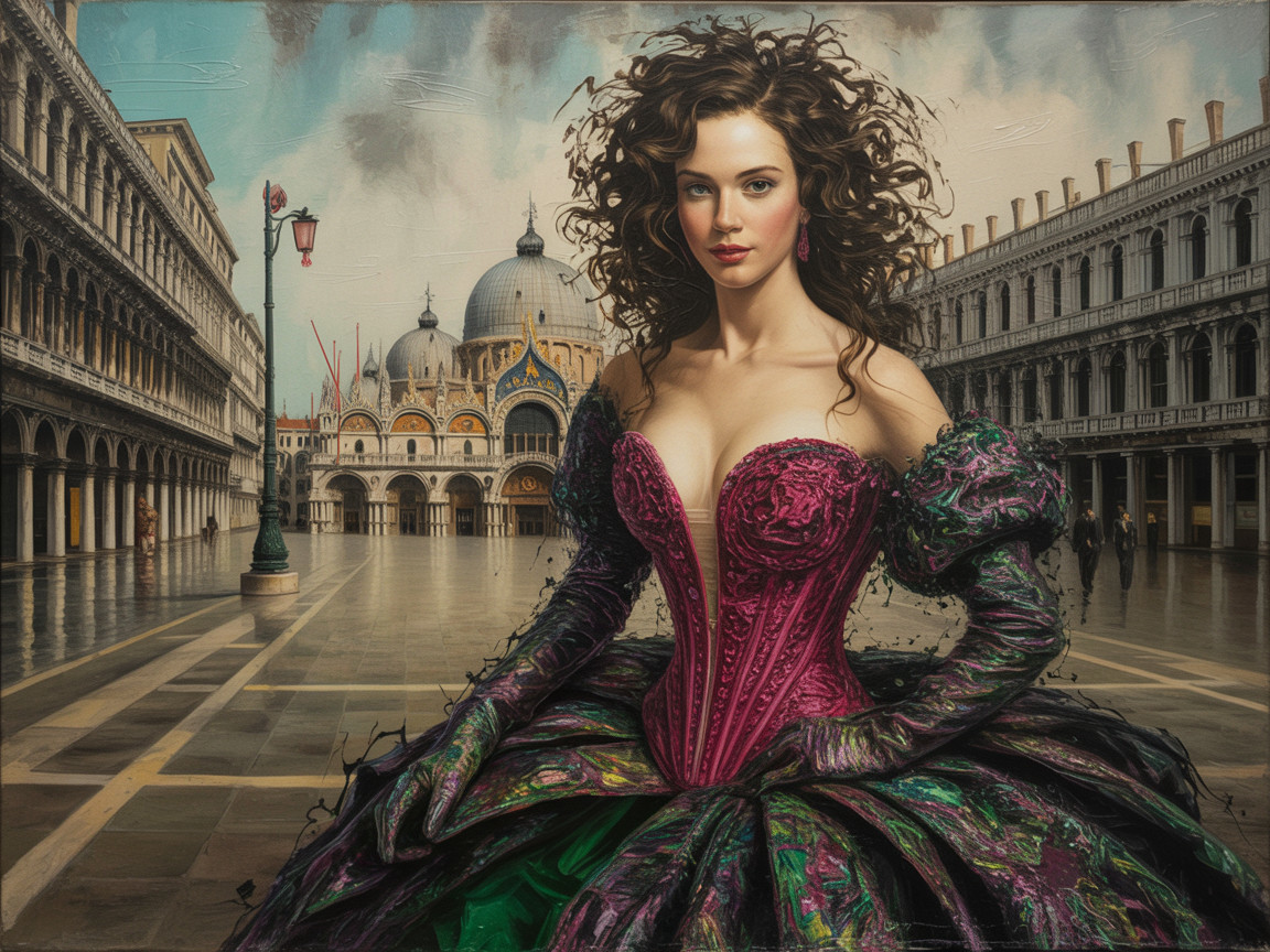 Elegant Woman in Vibrant Dress in Historic Piazza