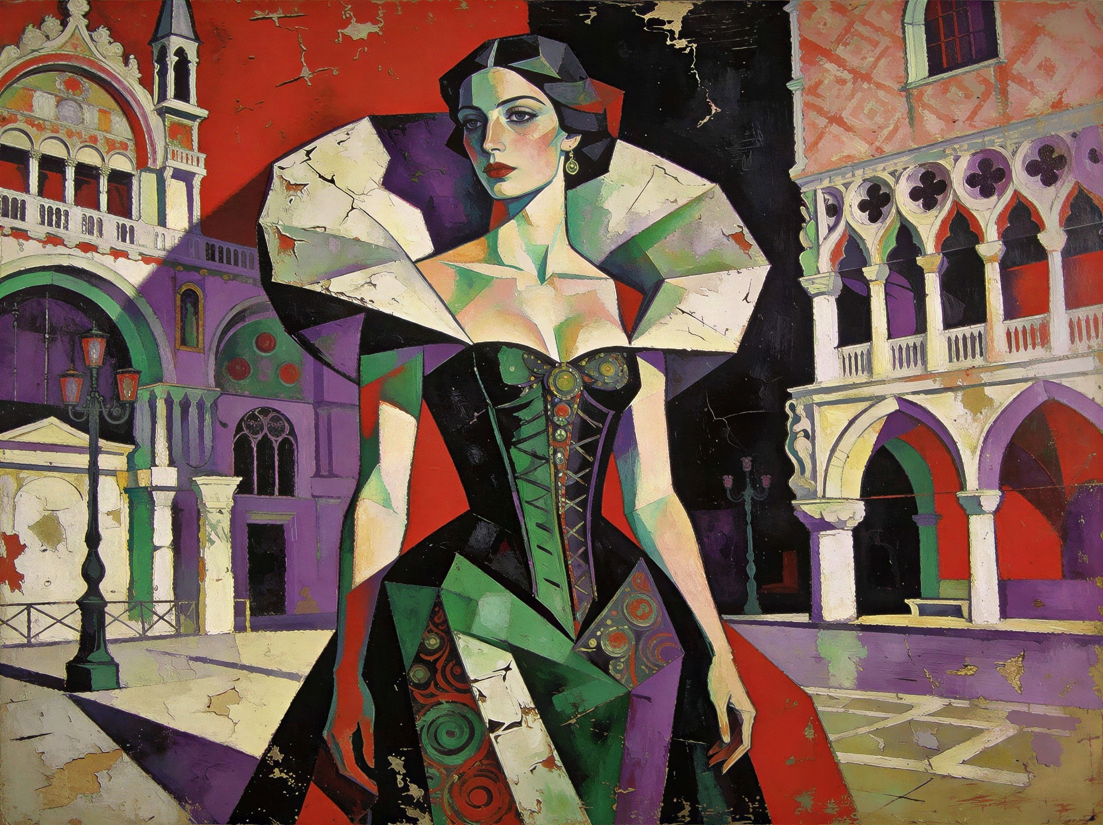 Woman in Dramatic Corset in Colorful Piazza Setting