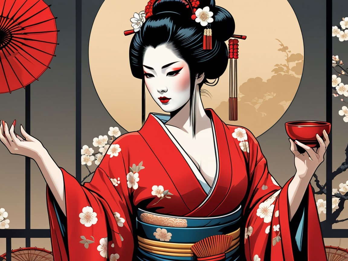 Graceful Figure in Red Kimono with Full Moon Backdrop
