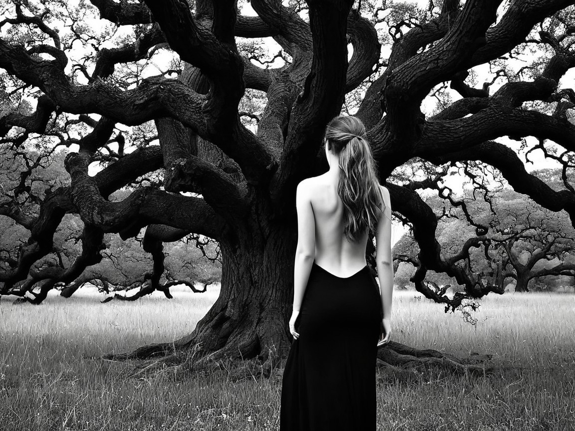 Elegant Woman in Backless Dress Among Gnarled Oaks