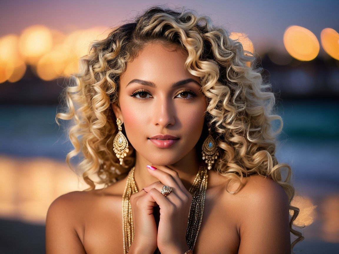 Elegant Individual with Cascading Curly Hair and Jewelry