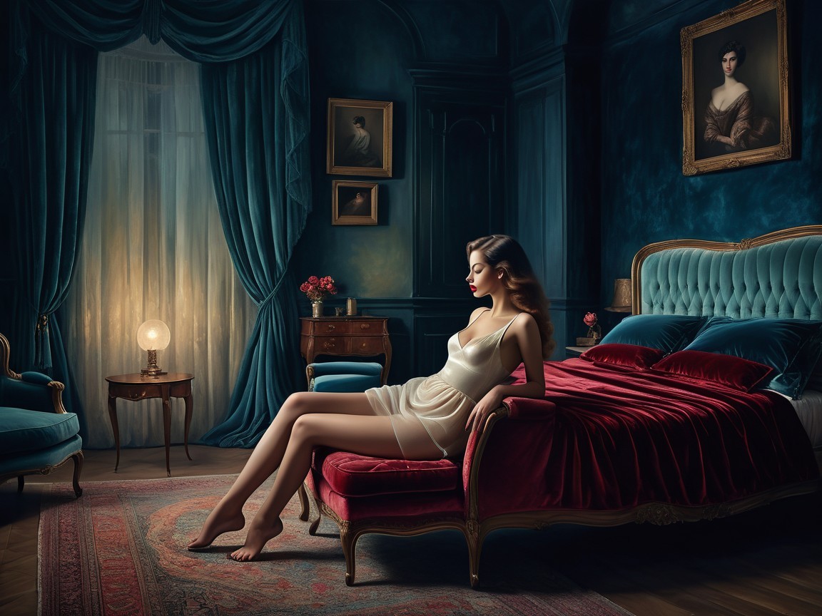 Elegant Bedroom with Blue Walls and Velvet Bed