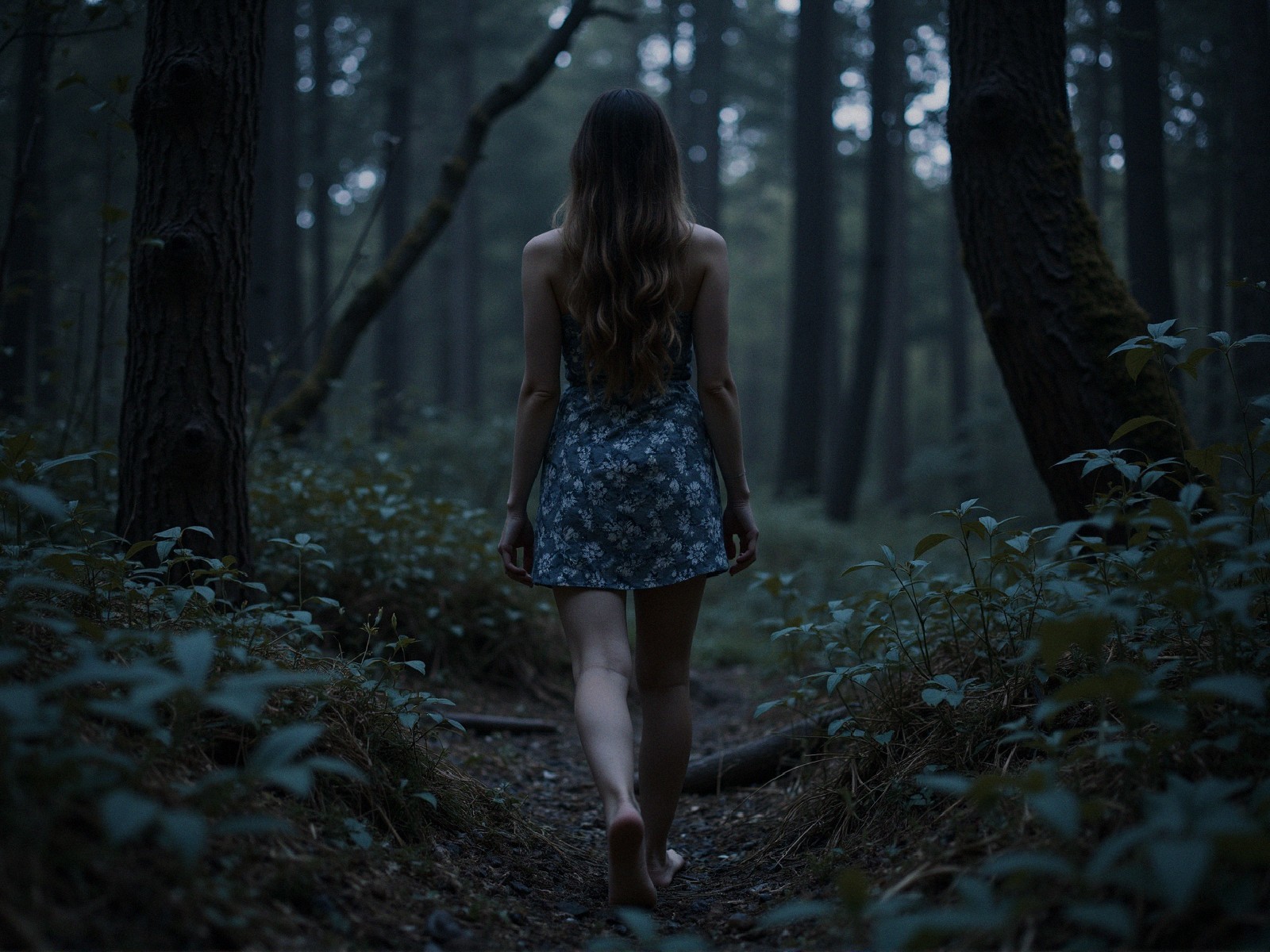Woman in Floral Dress Walking Barefoot in Forest