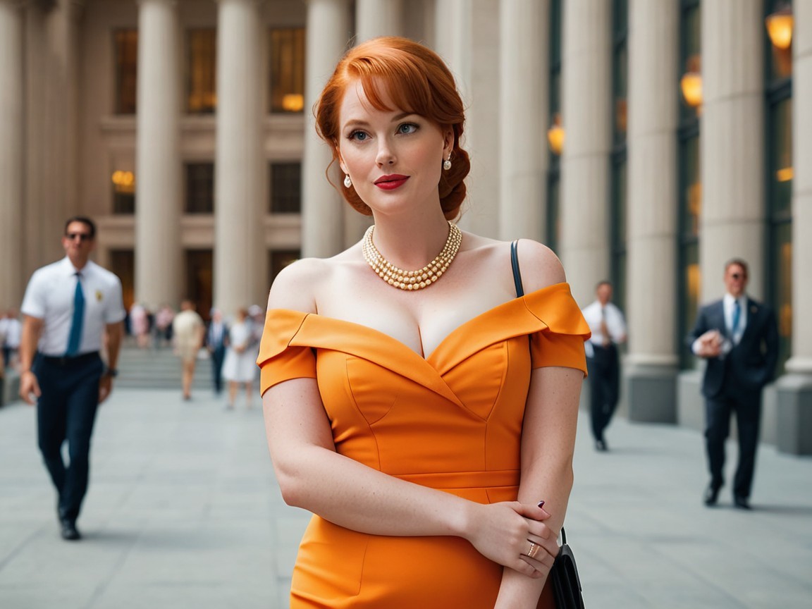 Confident Woman in Orange Dress with Pearl Necklace