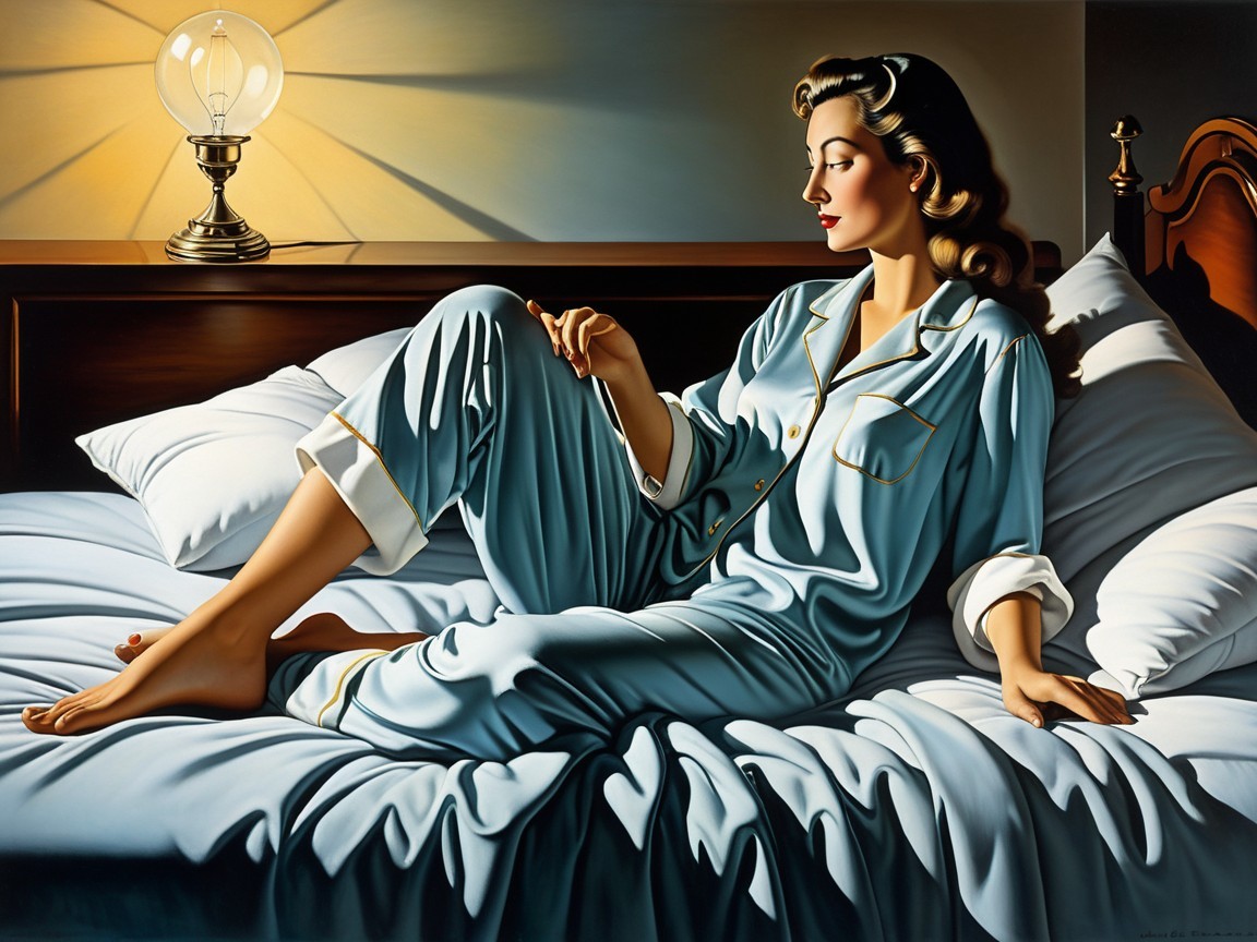 Woman in Softly Lit Bedroom with Elegant Pajamas