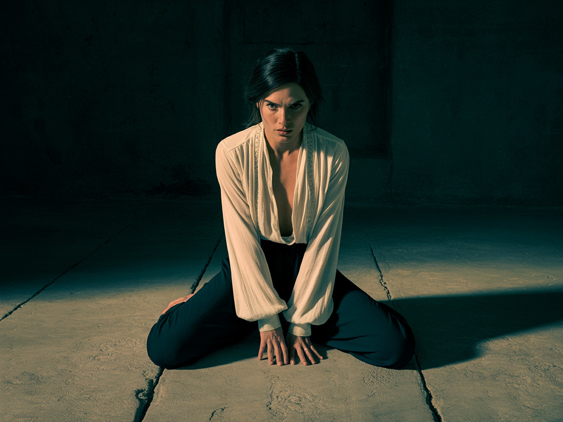 Woman in Dimly Lit Room with Intense Gaze