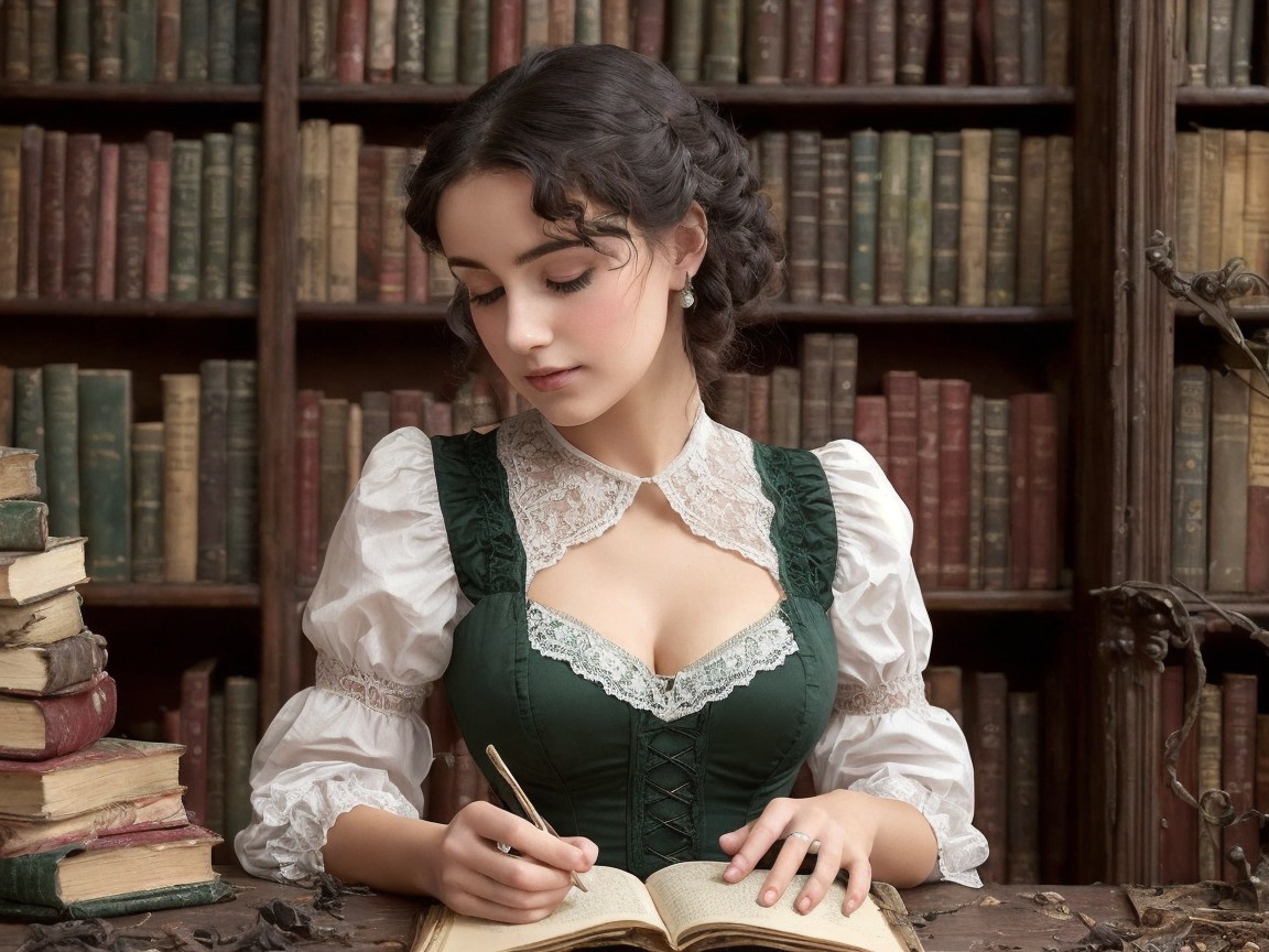 Young Woman Writing at Wooden Table Surrounded by Books