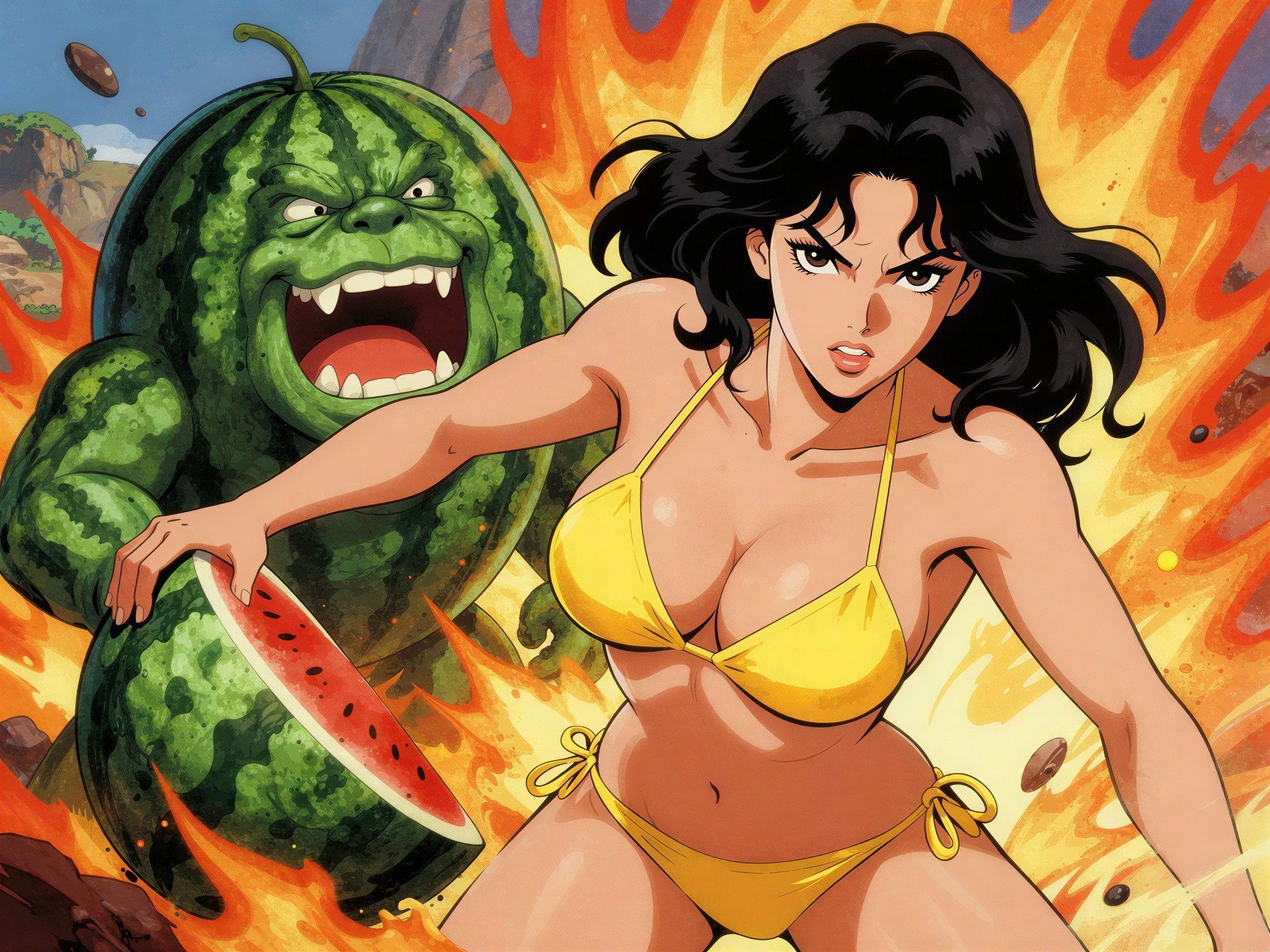 Anime Illustration of Woman vs. Monstrous Watermelon