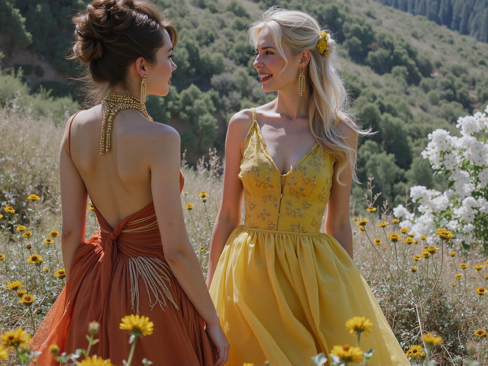 Women in Colorful Dresses in Sunlit Wildflower Meadow