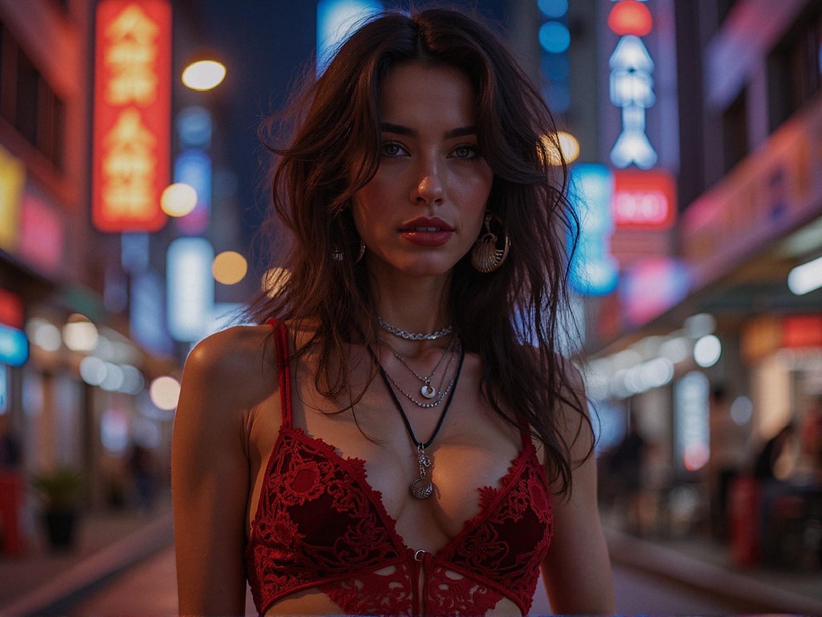 Woman in Red Lace Lingerie Amidst Neon City Lights