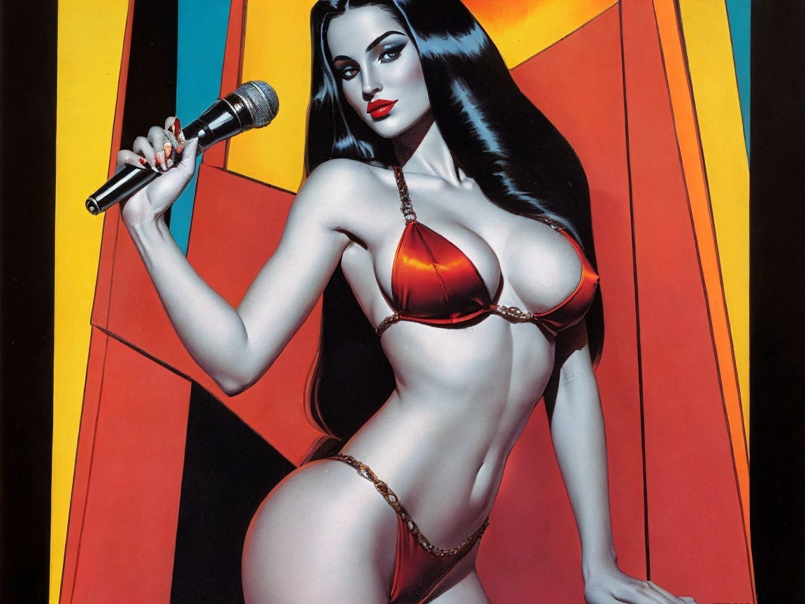 Glamorous Figure in Red Bikini with Geometric Background