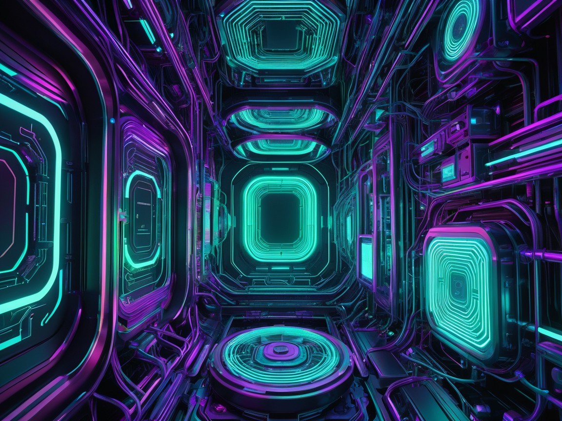 Futuristic Neon Corridor with Glowing Wires and Panels