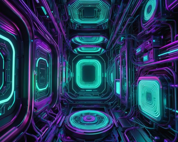 Futuristic Neon Corridor with Glowing Wires and Panels
