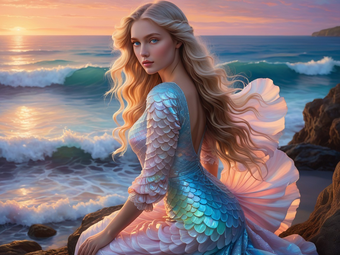 Sunset Scene with Woman in Shimmering Gown by Ocean