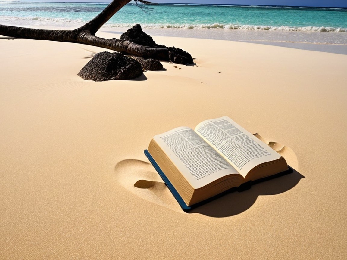 Open Book on Sand by Calm Turquoise Sea