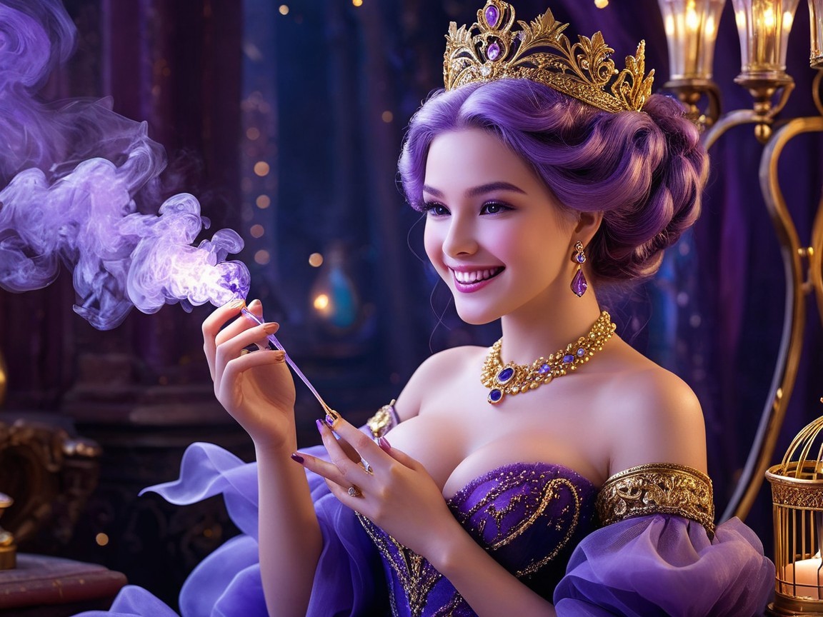 Regal woman in purple gown with golden crown and smoke