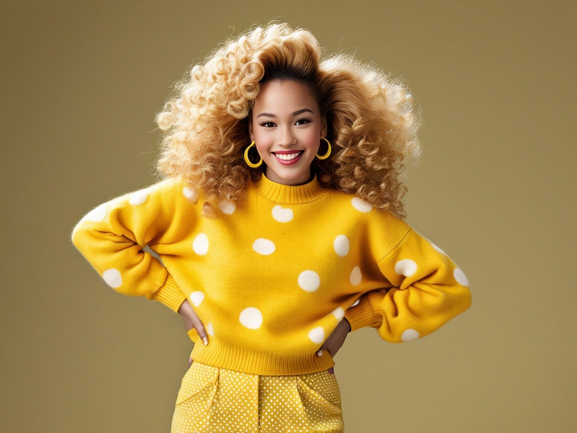 Young woman in polka dot outfit with curly hair