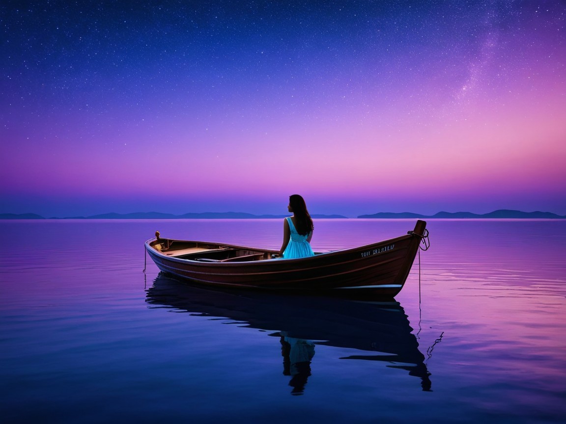 Woman in Blue Dress on Calm Waters at Dusk