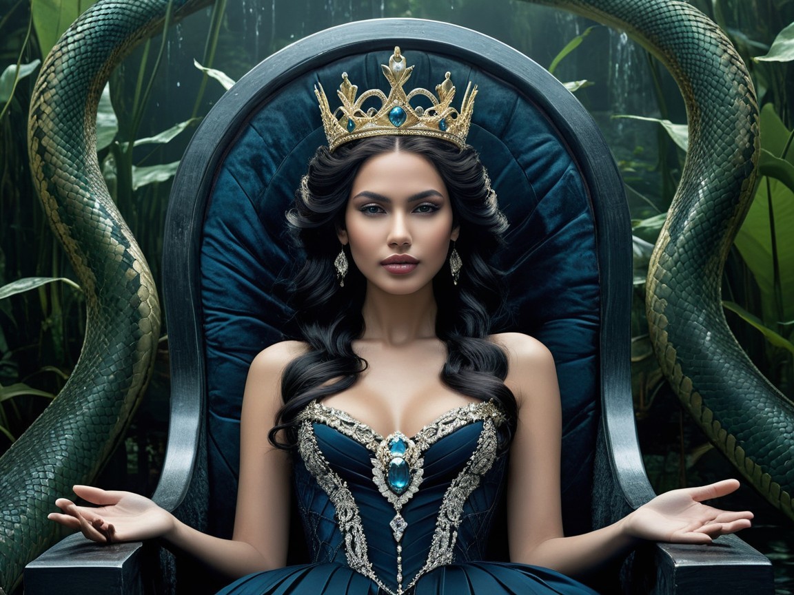 Regal Woman on Lavish Throne with Mystical Backdrop
