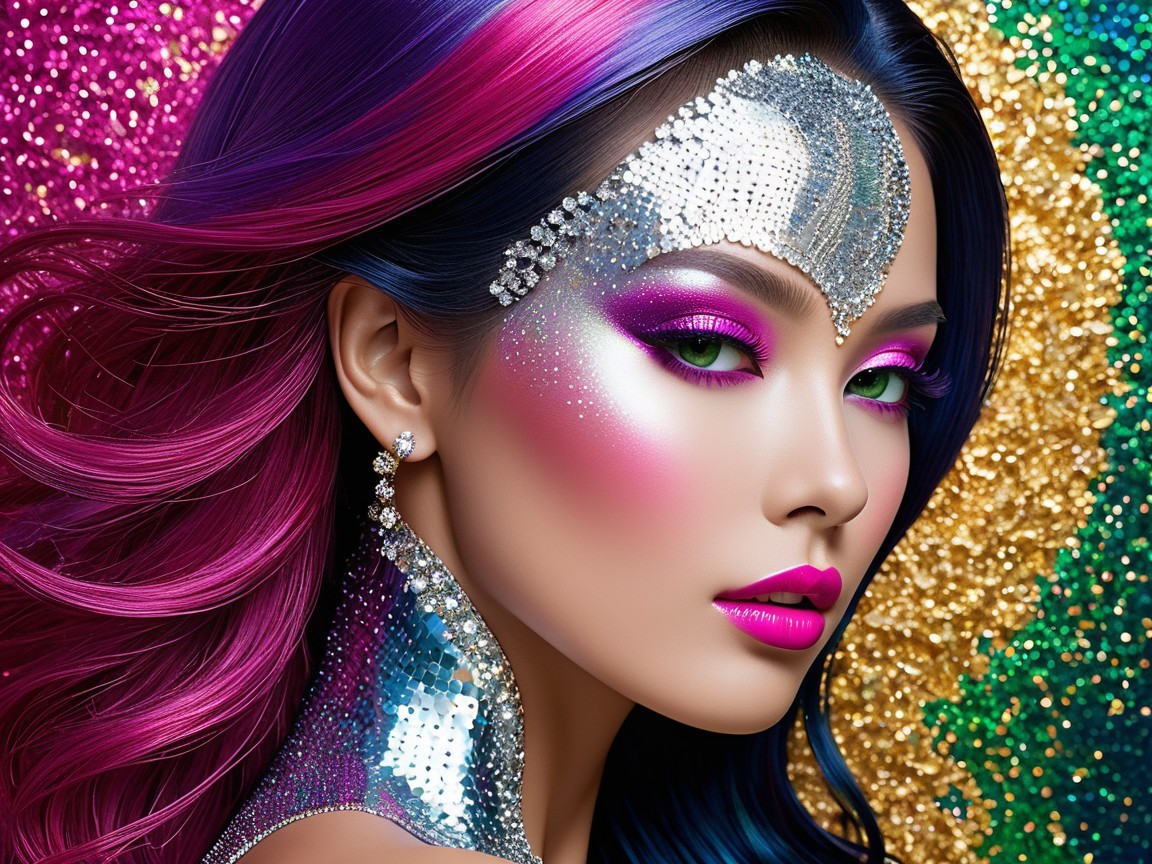 Model with Vibrant Multicolored Hair and Bold Makeup