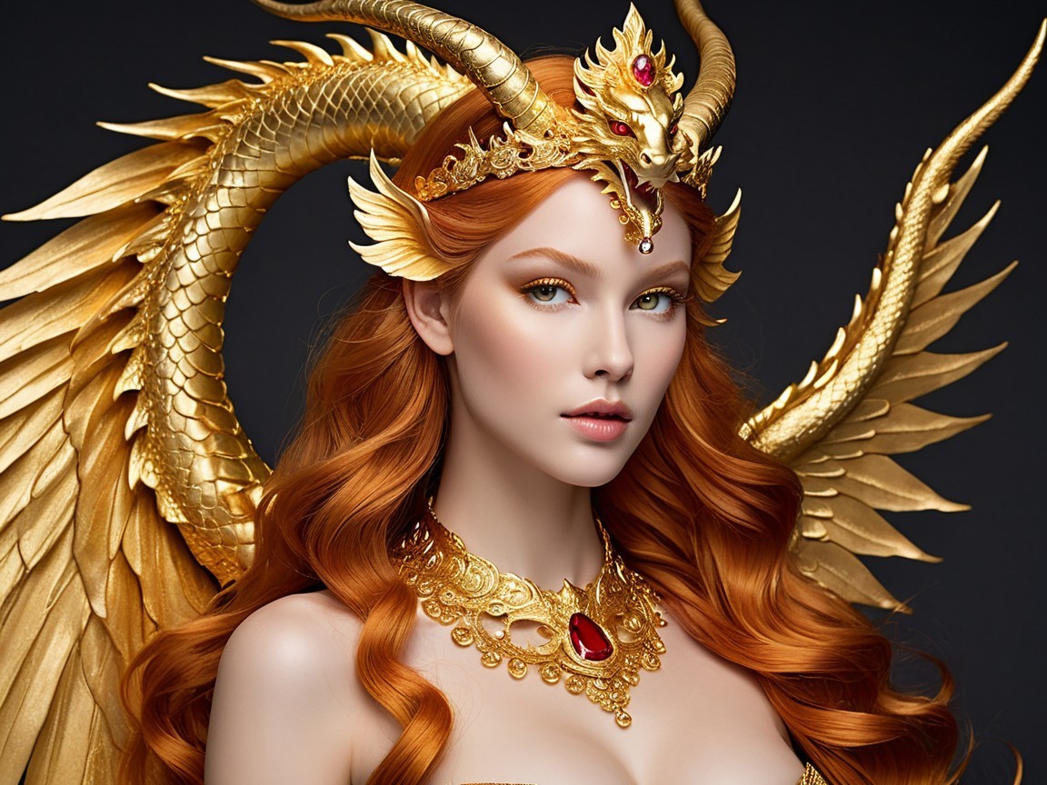 Regal figure with red hair and golden crown details