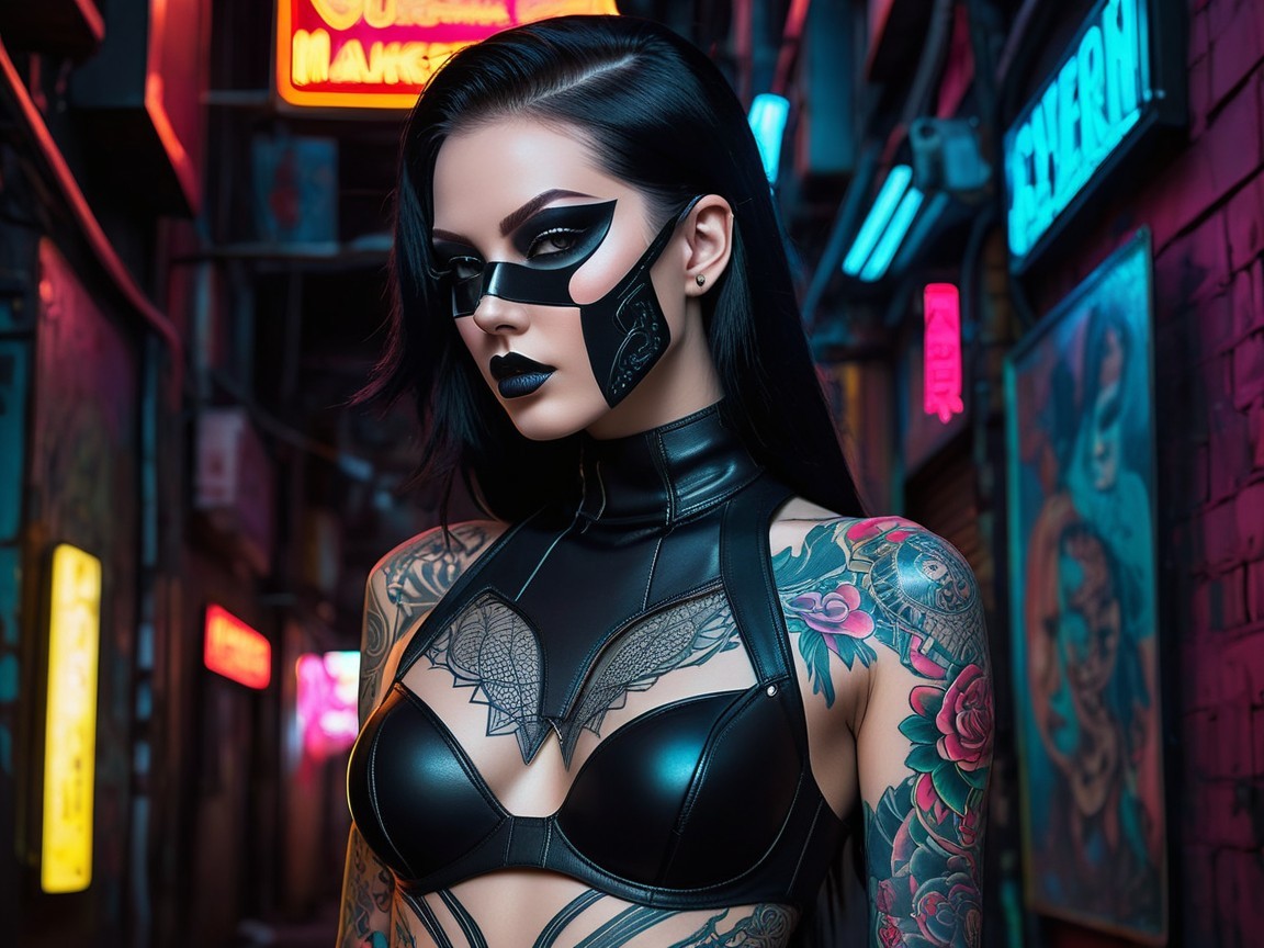 Neon Alley Scene Featuring Confident Figure in Leather