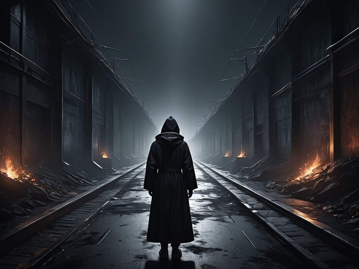 Cloaked Figure in Dark Abandoned Railway Tunnel