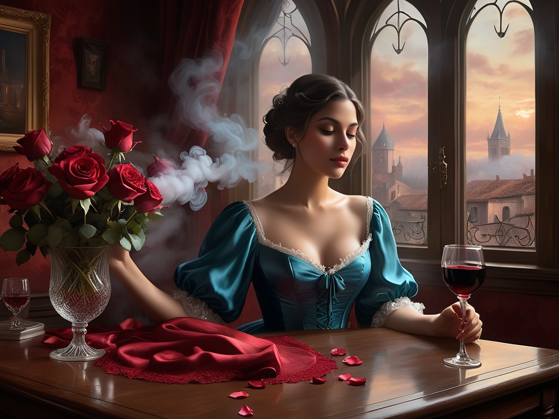 Serene Woman in Blue Gown at Elegant Table Setting