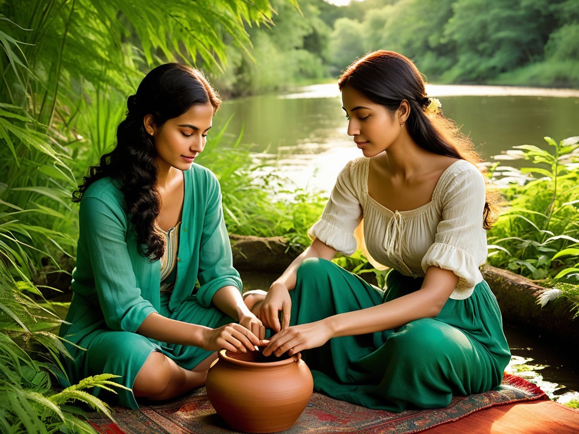 Women Engaged in Pottery by a Serene Riverbank